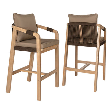 Porto Modern Coastal Tub Roped Acacia Wood Outdoor Bar Stool with Cushions and Armrests